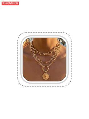 Chunky Layered Necklace Set Vintage Coin Pendant Chain for Women